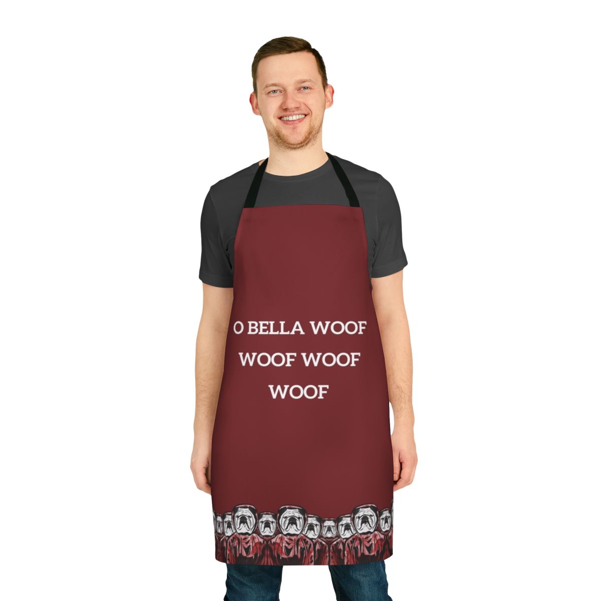 A stylish and playful apron featuring a bulldog design inspired by the popular TV series Money Heist.
