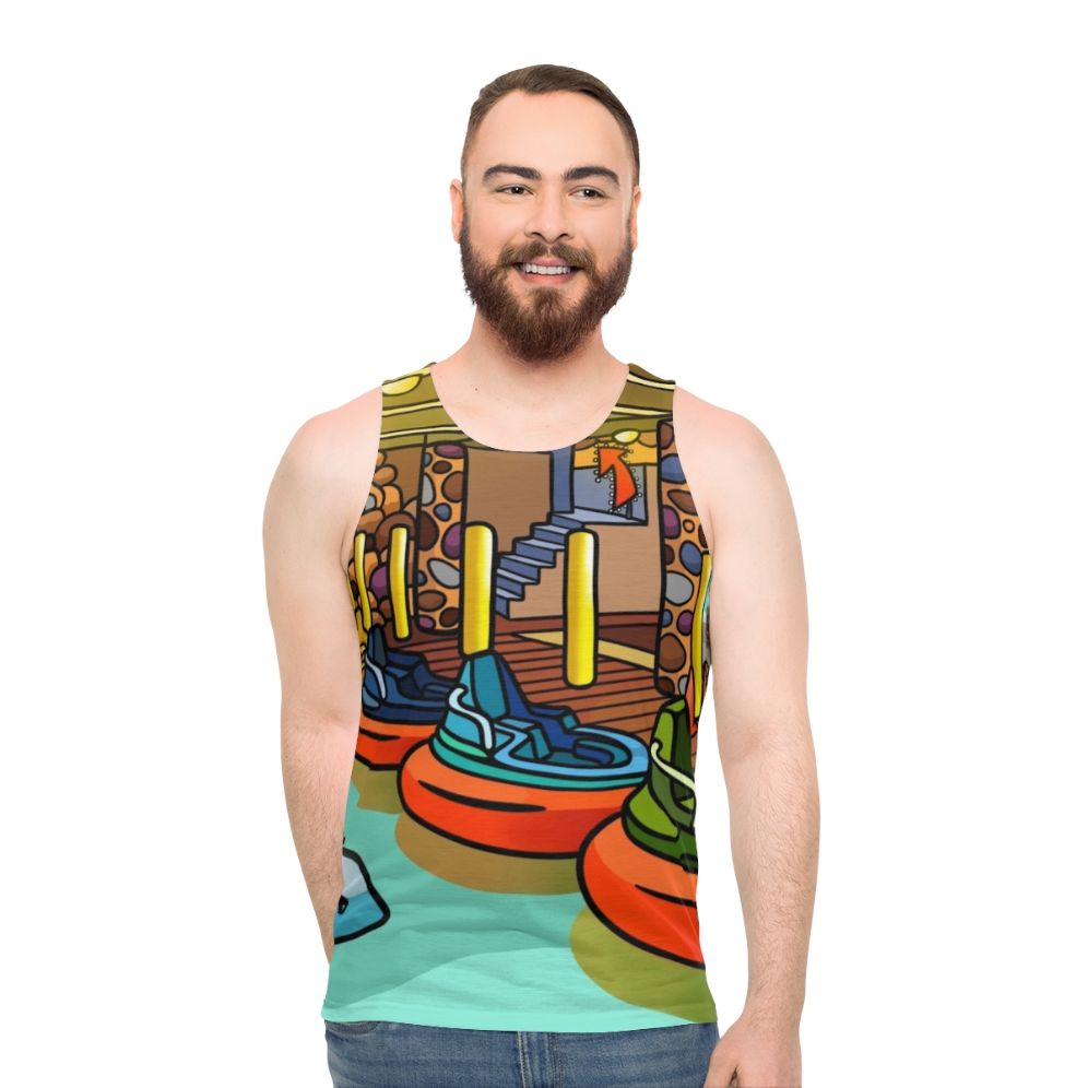 Bumper Boats Unisex Tank Top featuring a shark design