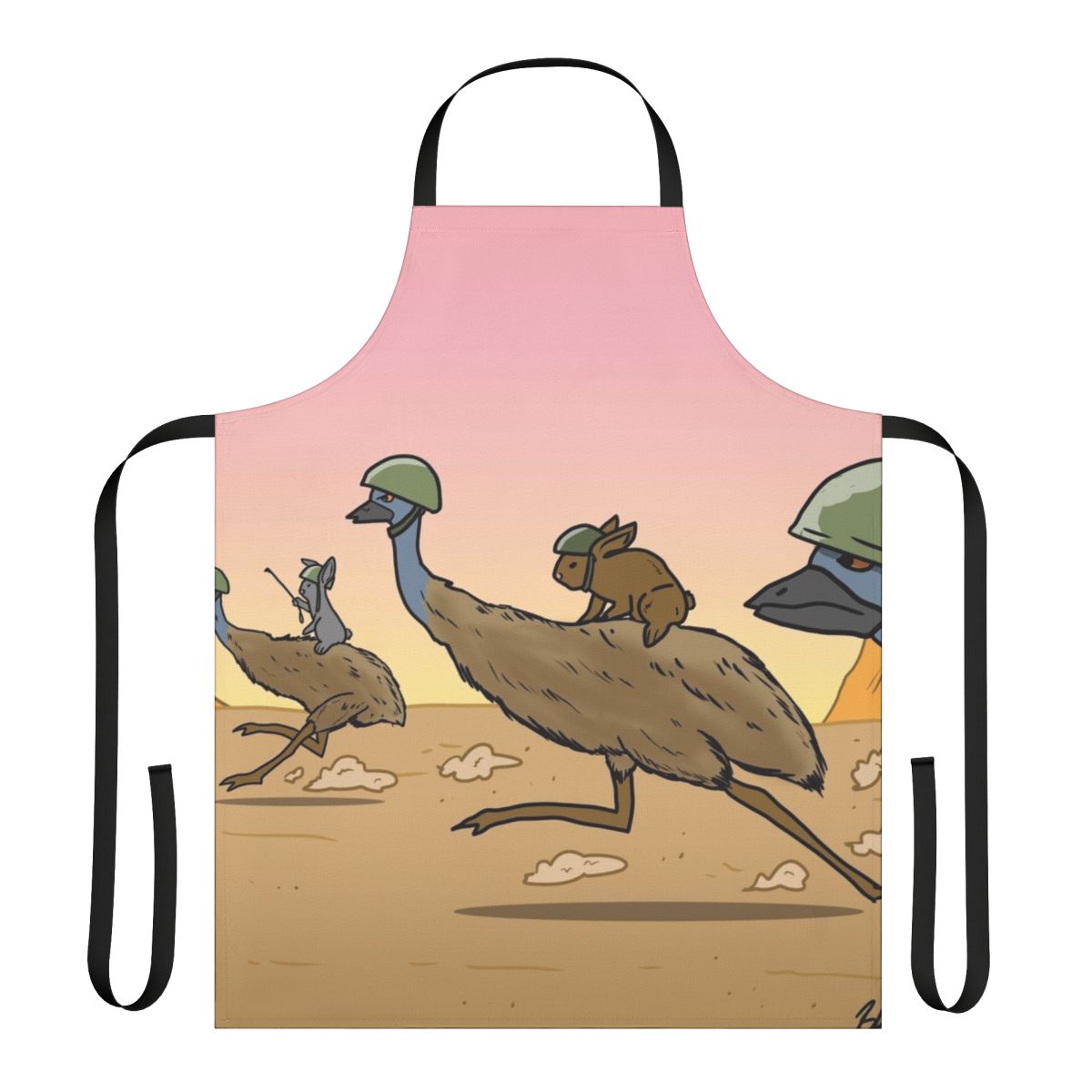 Bunny and emu cavalry charging into battle, illustrated on a high-quality apron.