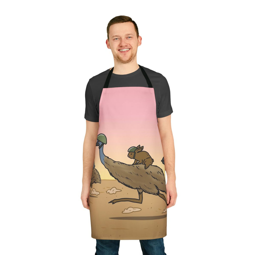 Bunny and emu cavalry charging into battle, illustrated on a high-quality apron.