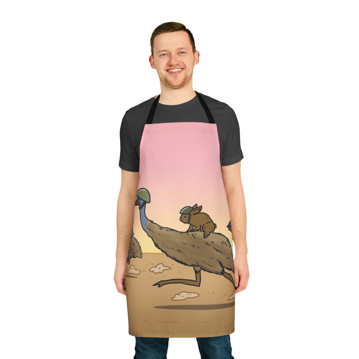 Bunny and emu cavalry charging into battle, illustrated on a high-quality apron.