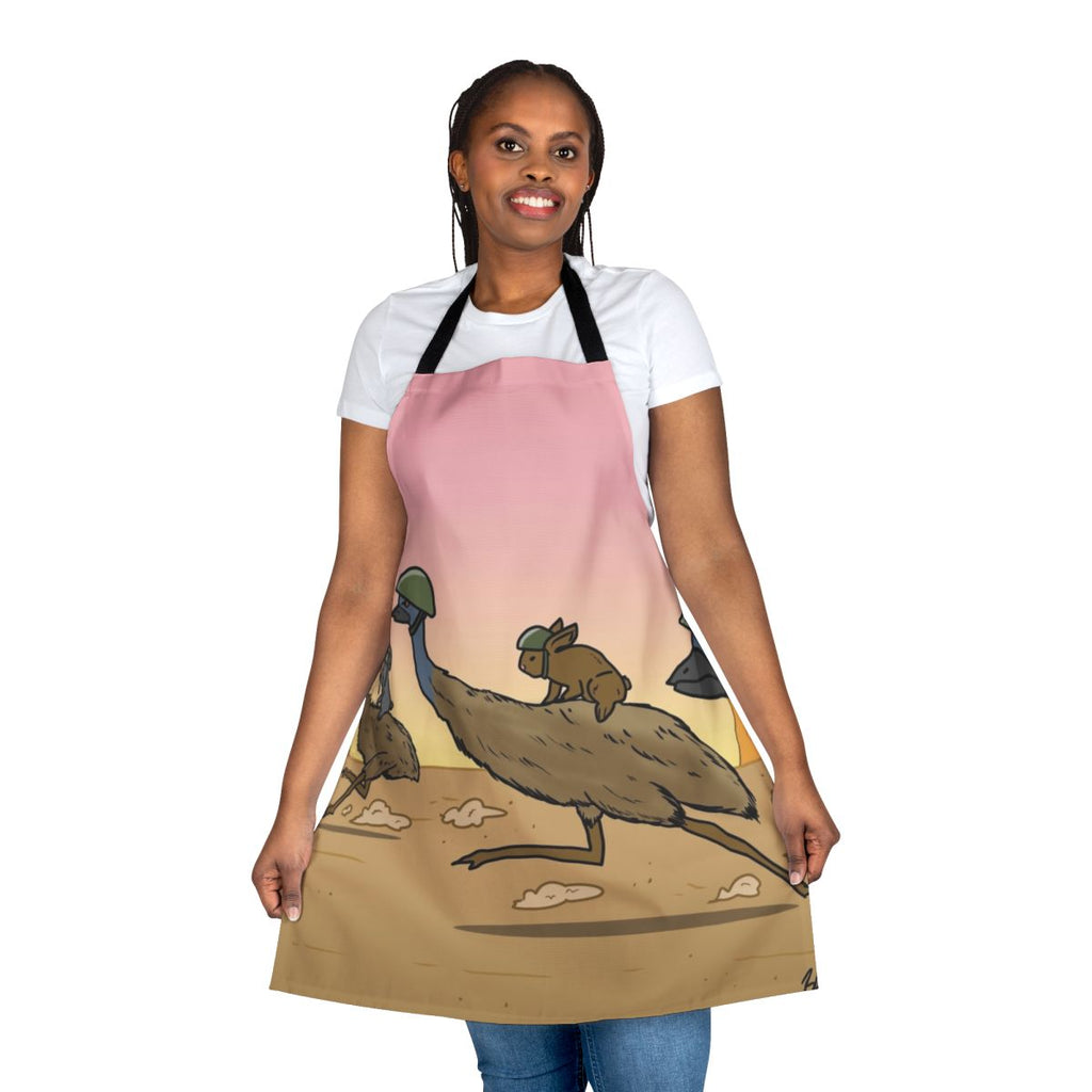 Bunny and emu cavalry charging into battle, illustrated on a high-quality apron.