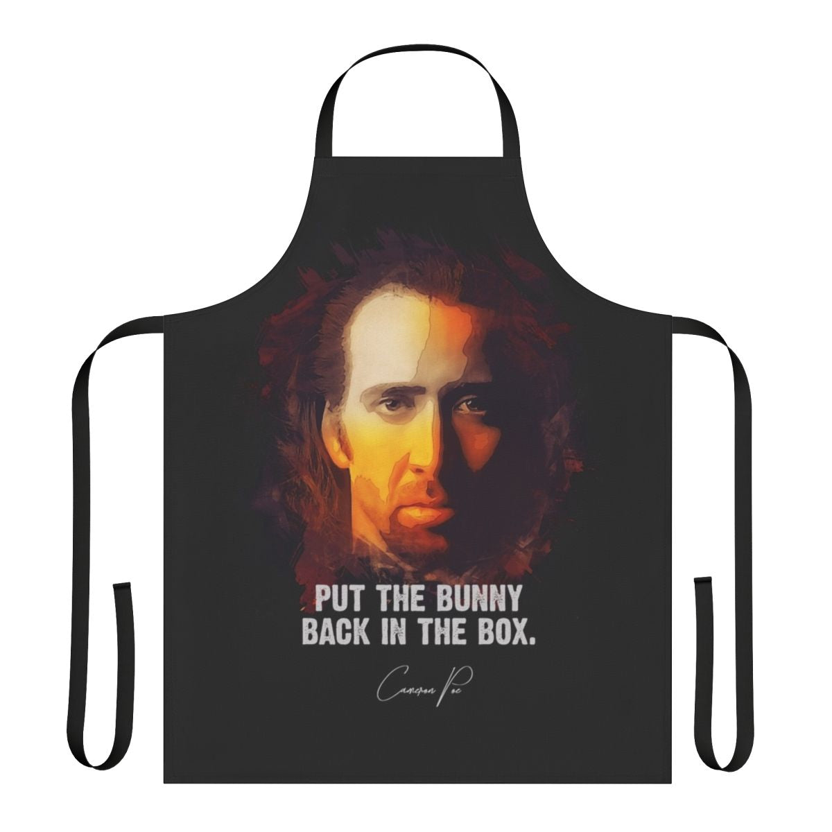 Apron featuring a design inspired by the movie Con Air, with the character Cameron Poe and a bunny in a box.