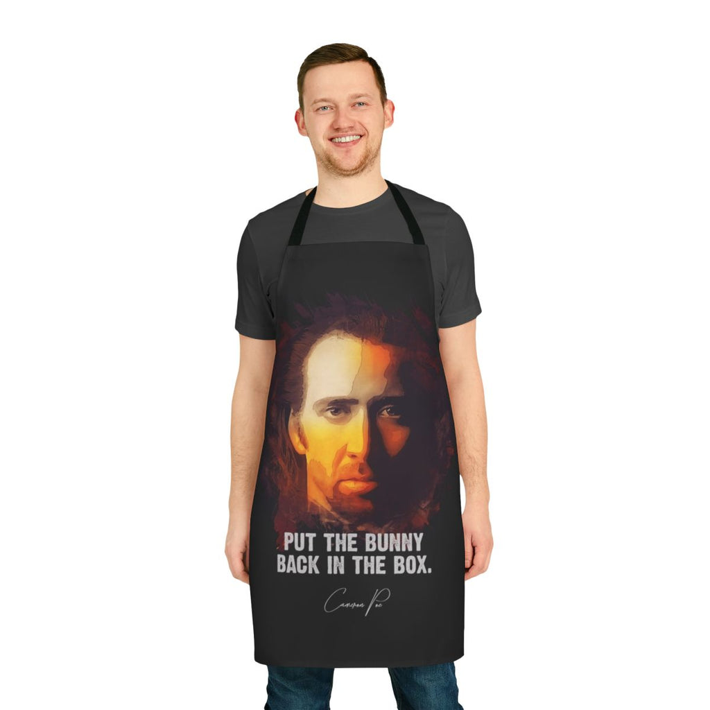 Apron featuring a design inspired by the movie Con Air, with the character Cameron Poe and a bunny in a box.