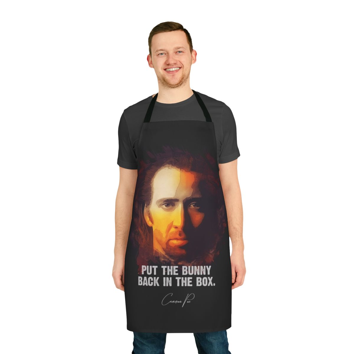 Apron featuring a design inspired by the movie Con Air, with the character Cameron Poe and a bunny in a box.
