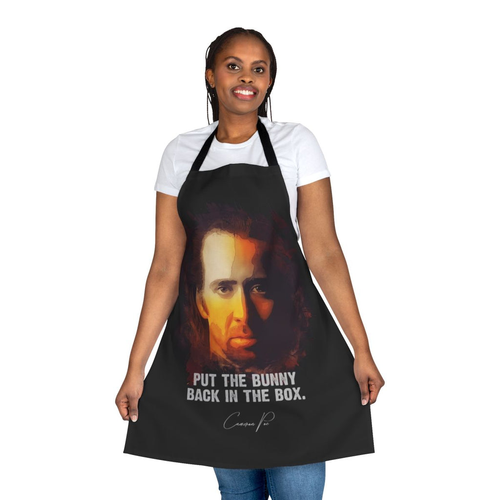 Apron featuring a design inspired by the movie Con Air, with the character Cameron Poe and a bunny in a box.