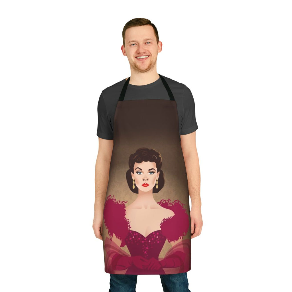 Burgundy dress apron with Alejandro Mogollo art design