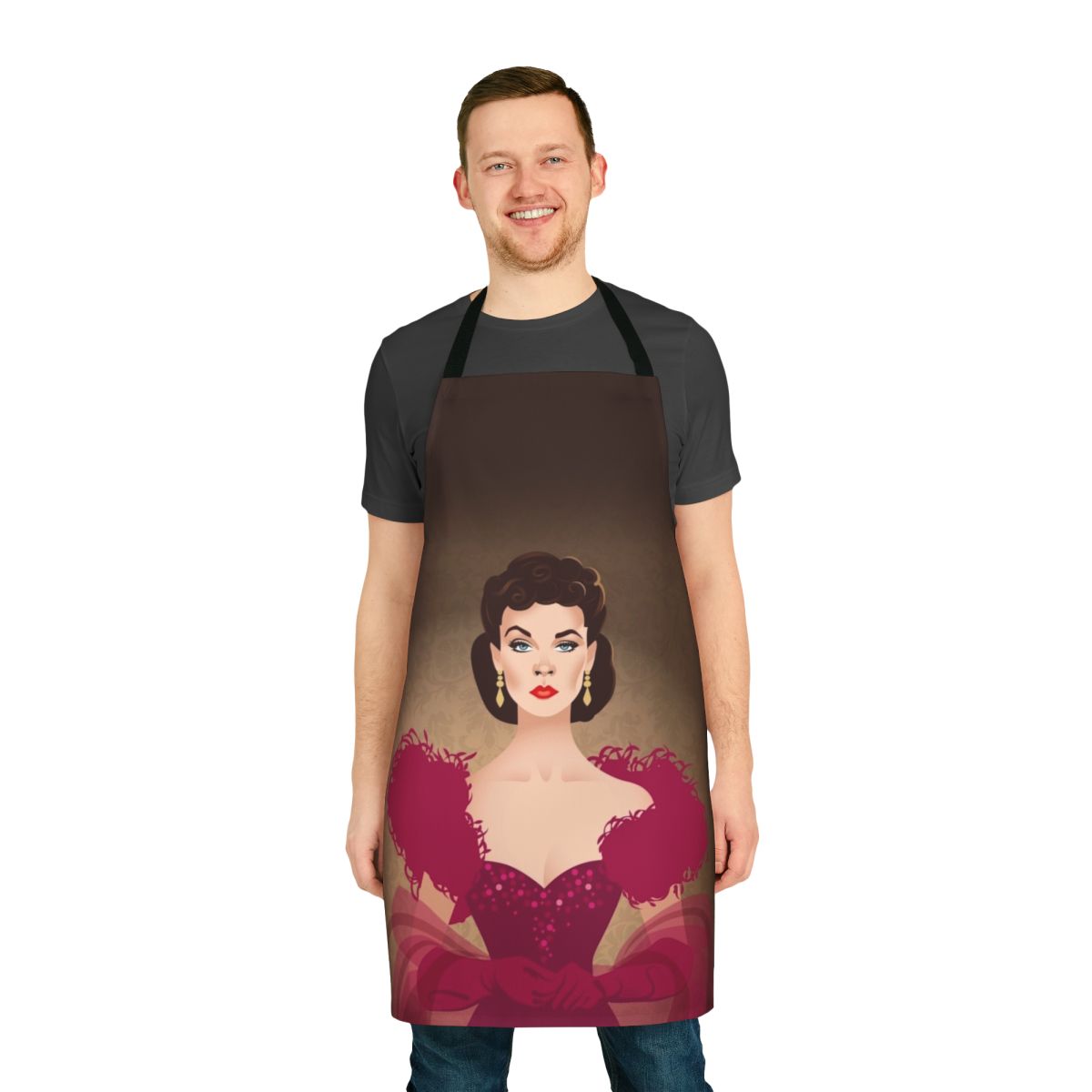 Burgundy dress apron with Alejandro Mogollo art design