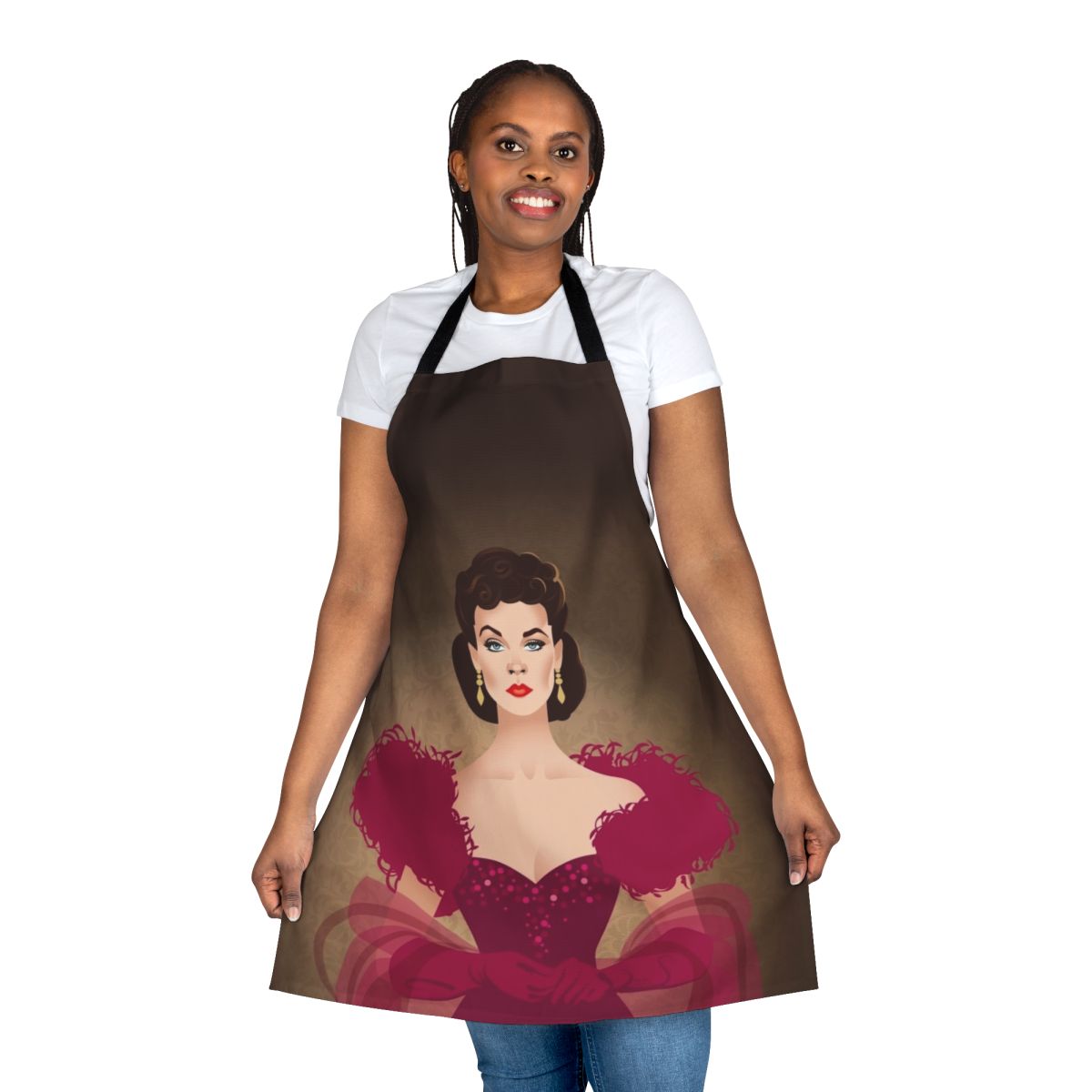 Burgundy dress apron with Alejandro Mogollo art design