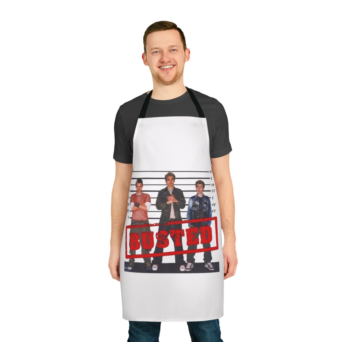 Busted inspired apron featuring the band's iconic 2002 artwork