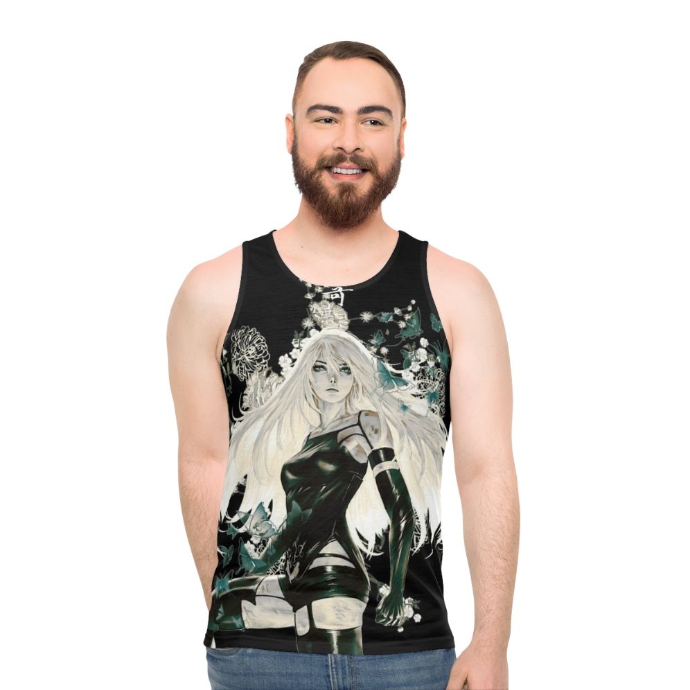 Unisex tank top with butterfly and floral design in a dark, fantasy style