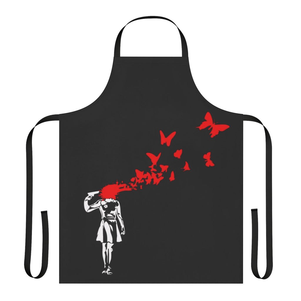 Banksy-inspired apron featuring a butterfly stencil design