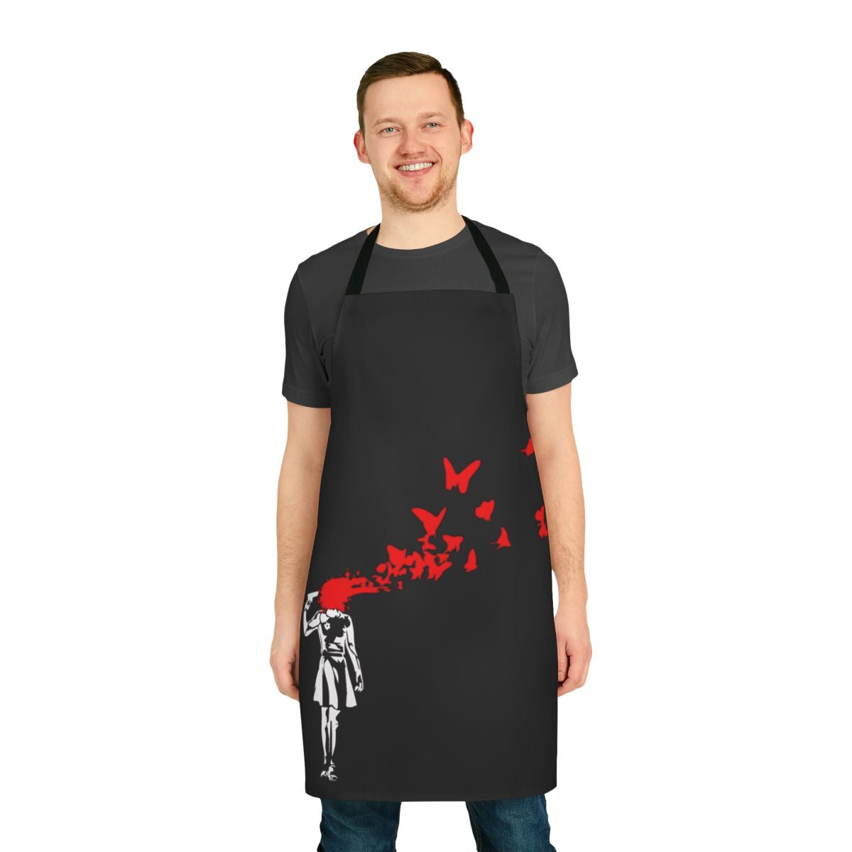 Banksy-inspired apron featuring a butterfly stencil design