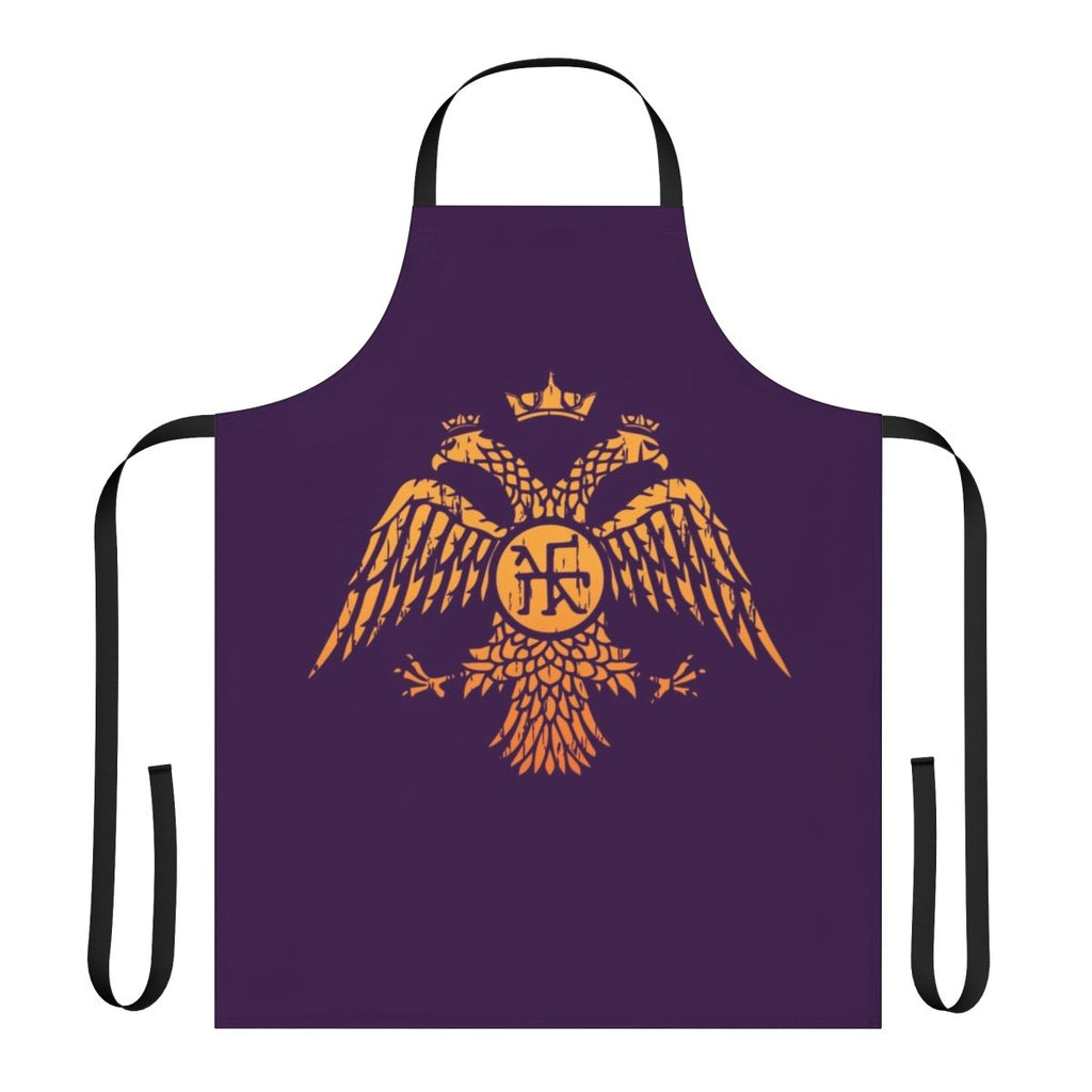 A purple apron featuring a bold, Byzantine-inspired 2-headed eagle symbol design.