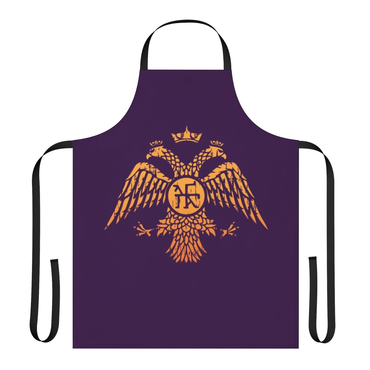 A purple apron featuring a bold, Byzantine-inspired 2-headed eagle symbol design.