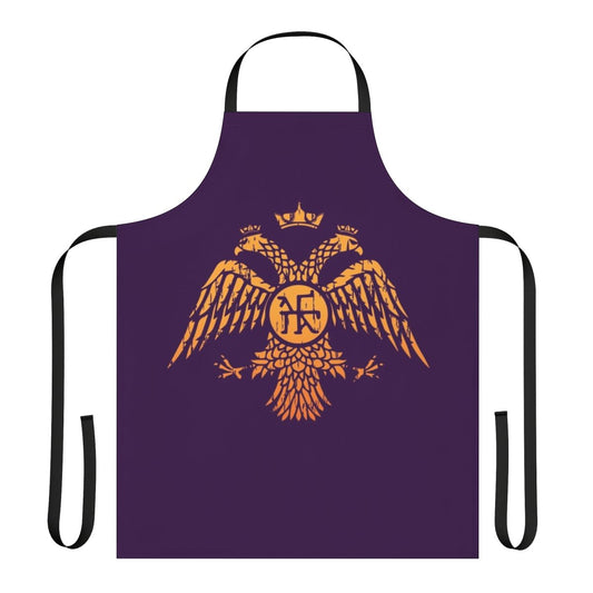 A purple apron featuring a bold, Byzantine-inspired 2-headed eagle symbol design.