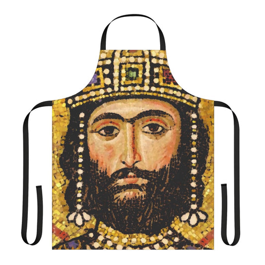 "Byzantium-inspired apron featuring Alexios I Komnenos, Byzantine emperor"