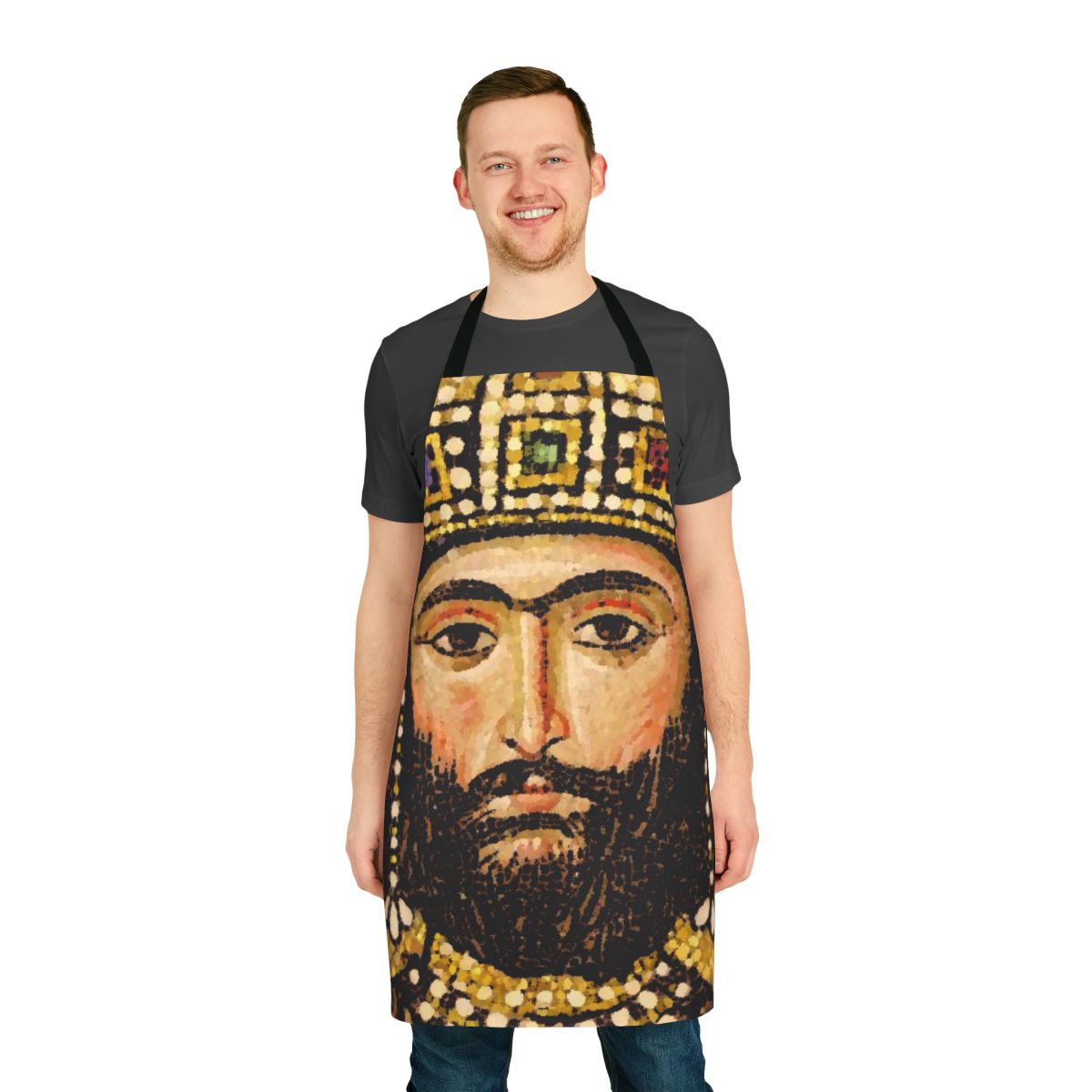 "Byzantium-inspired apron featuring Alexios I Komnenos, Byzantine emperor"