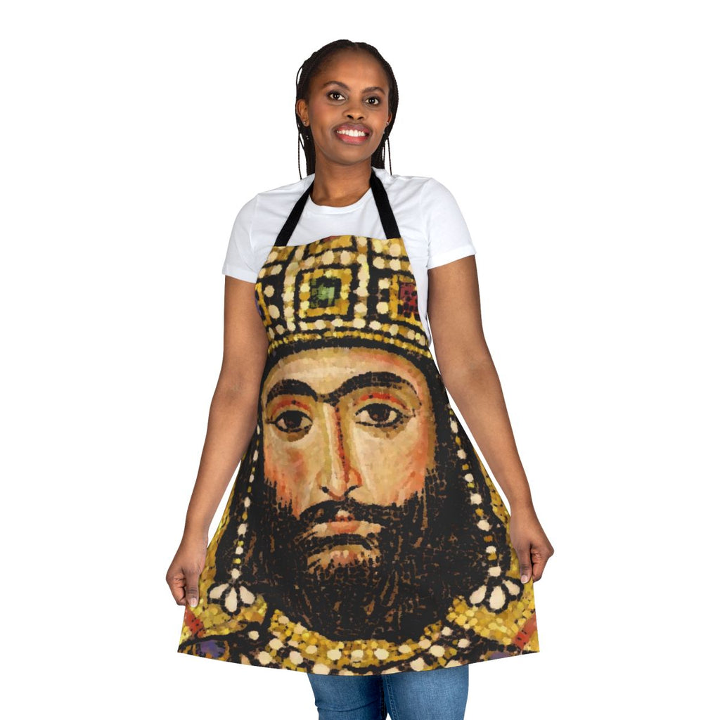 "Byzantium-inspired apron featuring Alexios I Komnenos, Byzantine emperor"