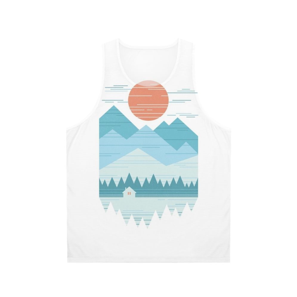 Unisex Tank Top with Minimalist Cabin in the Snow Design