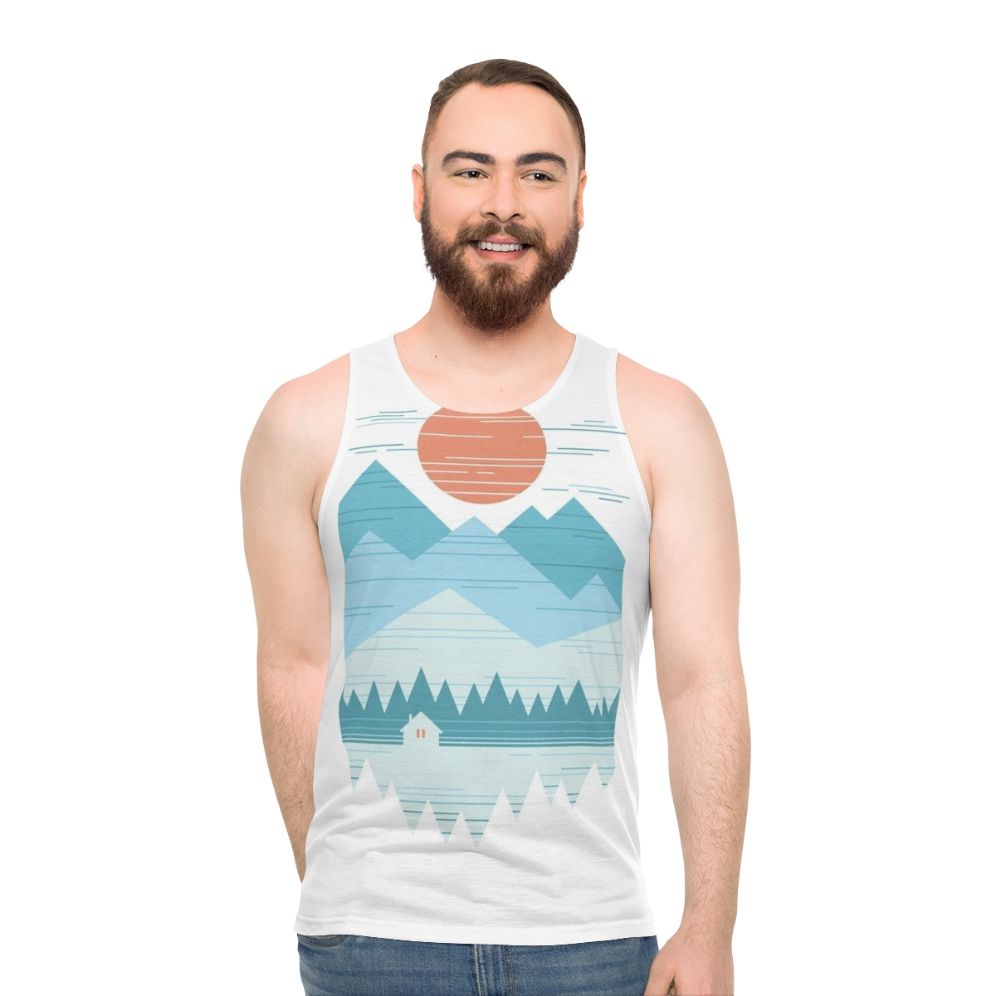 Unisex Tank Top with Minimalist Cabin in the Snow Design