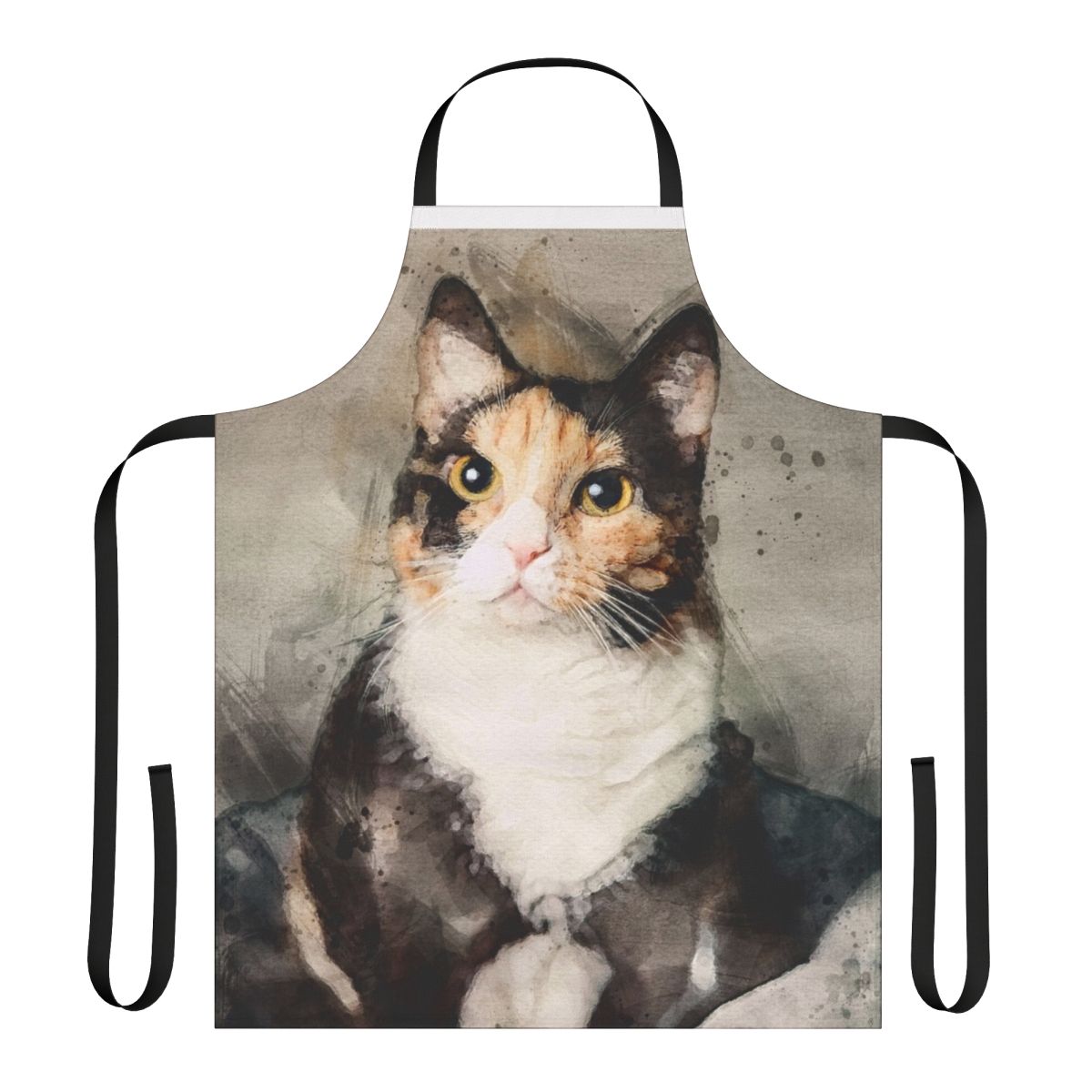 Calico cat watercolor painting printed on a durable apron for cat lovers