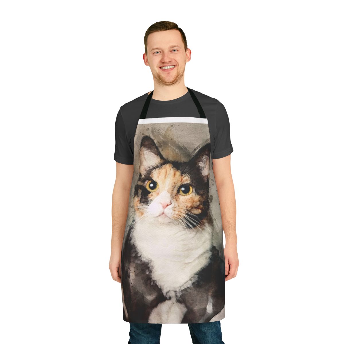 Calico cat watercolor painting printed on a durable apron for cat lovers