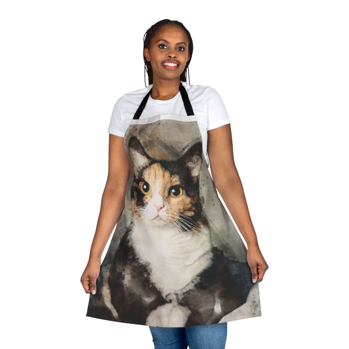 Calico cat watercolor painting printed on a durable apron for cat lovers