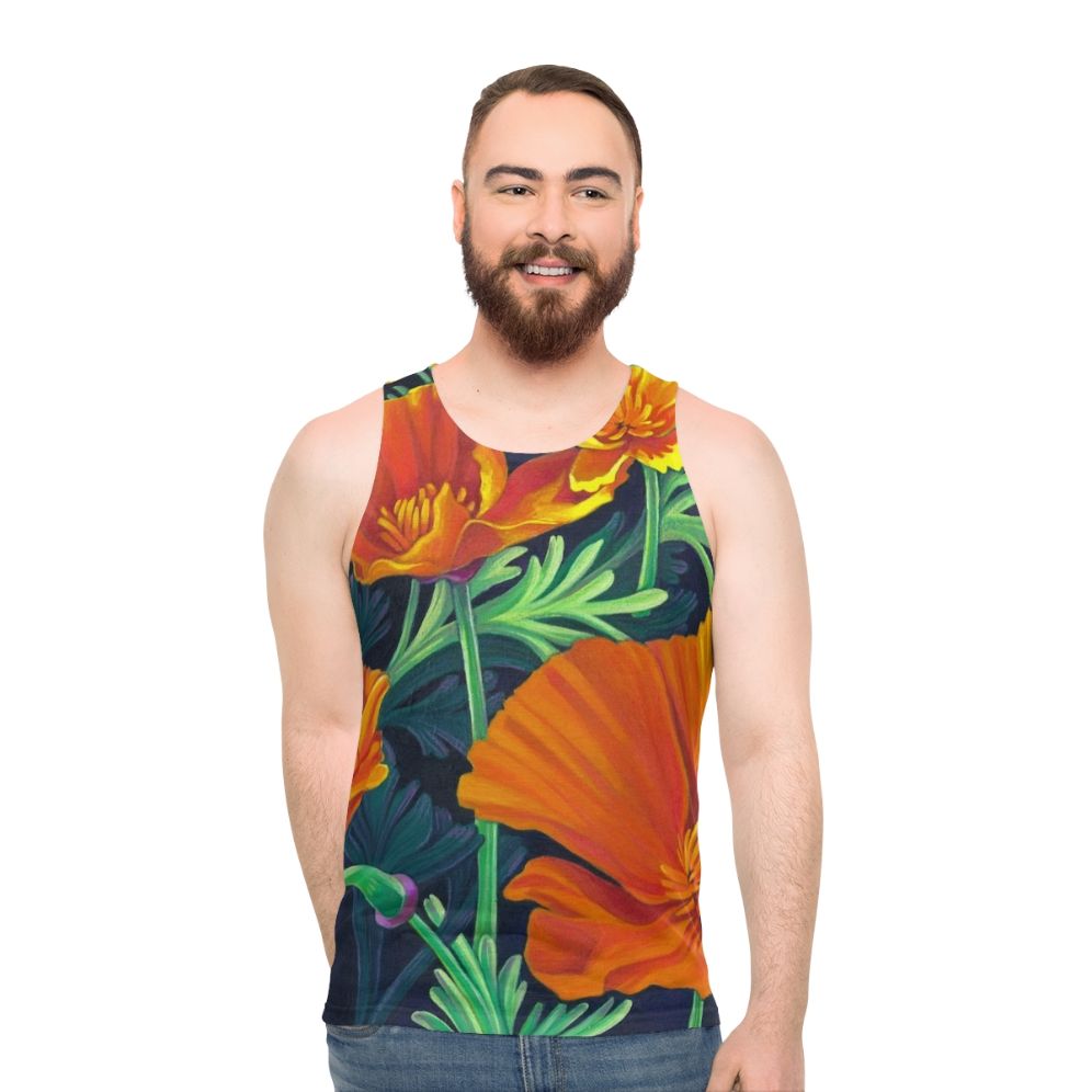 Unisex tank top featuring a design of vibrant California poppies