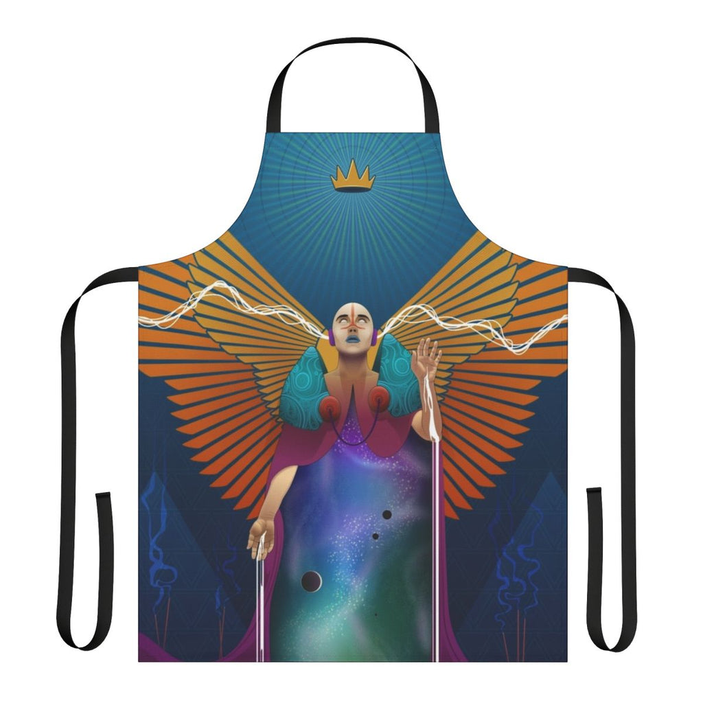 Tarot Temperance Major Arcana design on a blue and orange apron with angel wings, stars, and planets