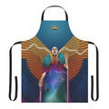 Tarot Temperance Major Arcana design on a blue and orange apron with angel wings, stars, and planets