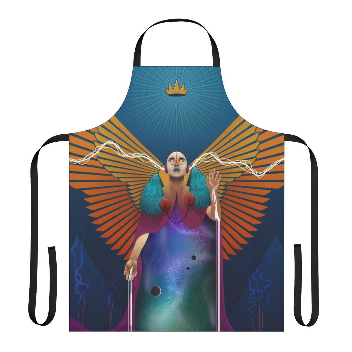 Tarot Temperance Major Arcana design on a blue and orange apron with angel wings, stars, and planets