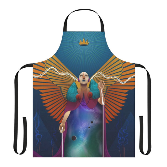 Tarot Temperance Major Arcana design on a blue and orange apron with angel wings, stars, and planets