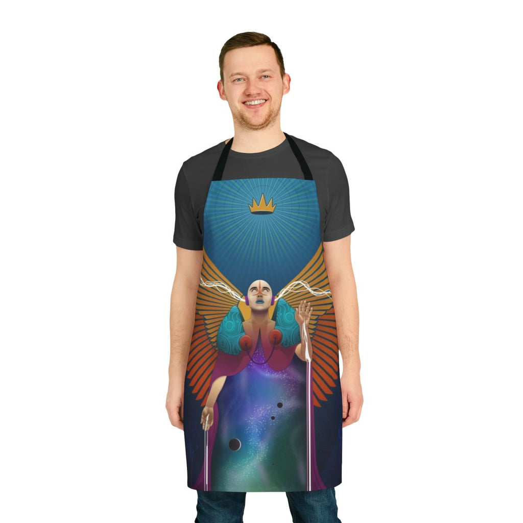 Tarot Temperance Major Arcana design on a blue and orange apron with angel wings, stars, and planets