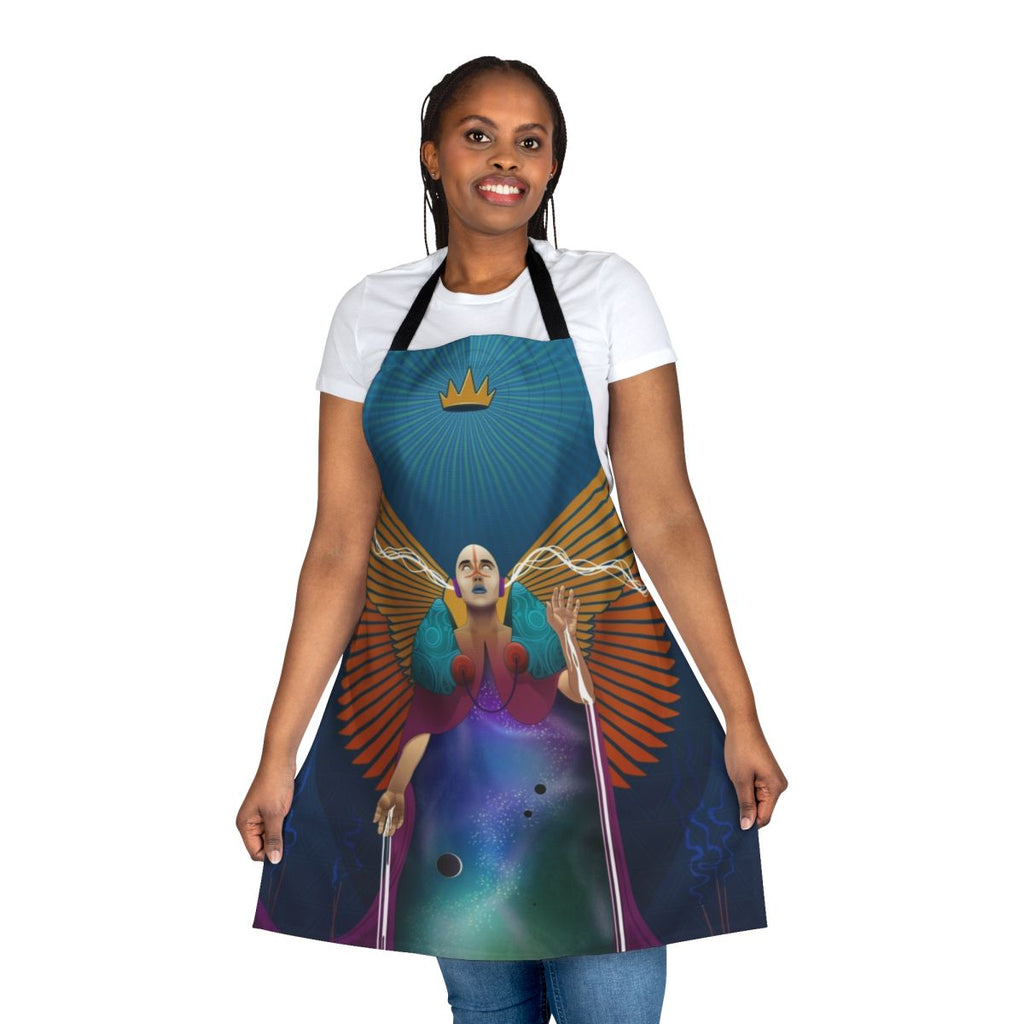 Tarot Temperance Major Arcana design on a blue and orange apron with angel wings, stars, and planets