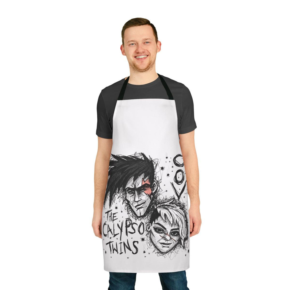 Apron featuring a sketch-style design of the Calypso Twins from Borderlands 3