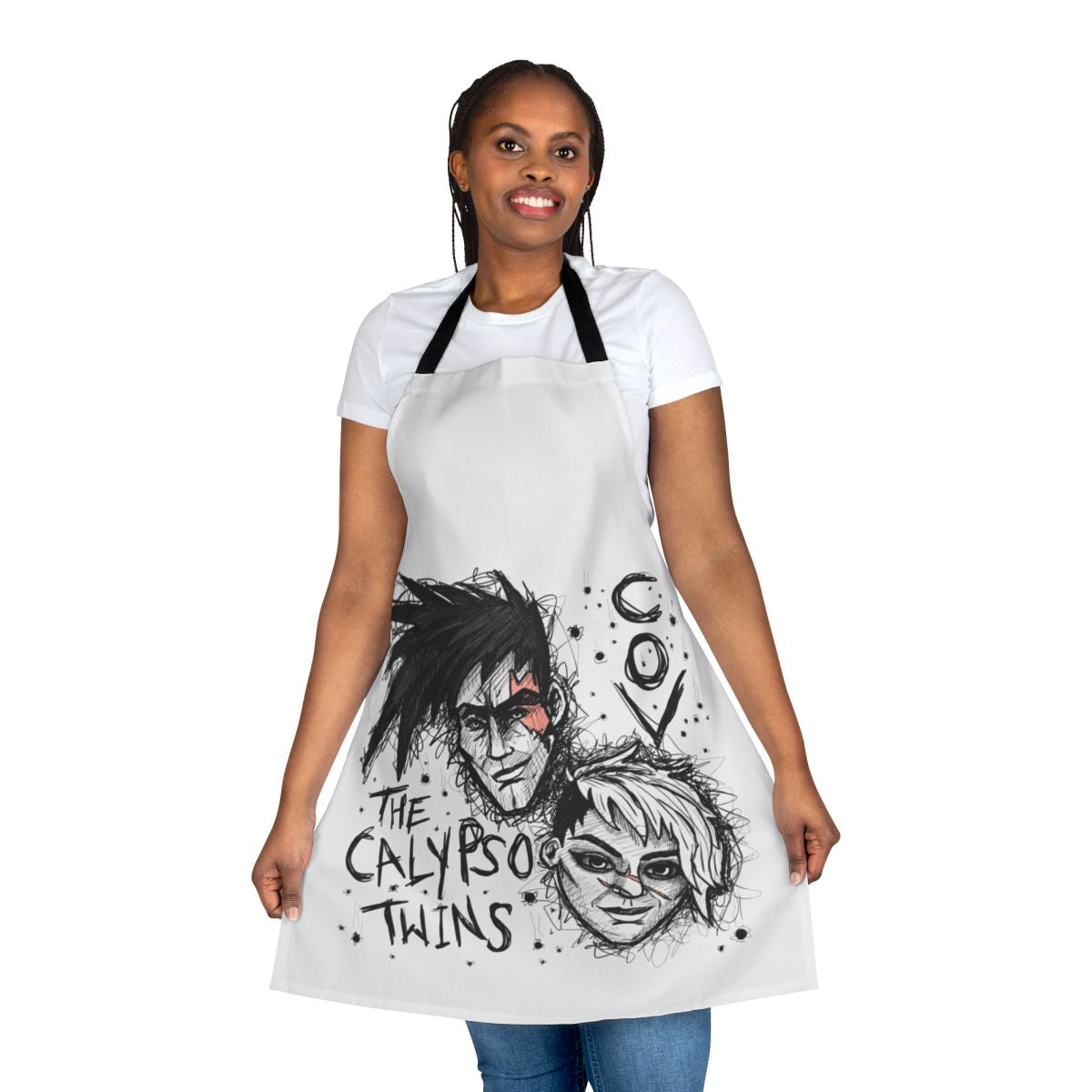 Apron featuring a sketch-style design of the Calypso Twins from Borderlands 3
