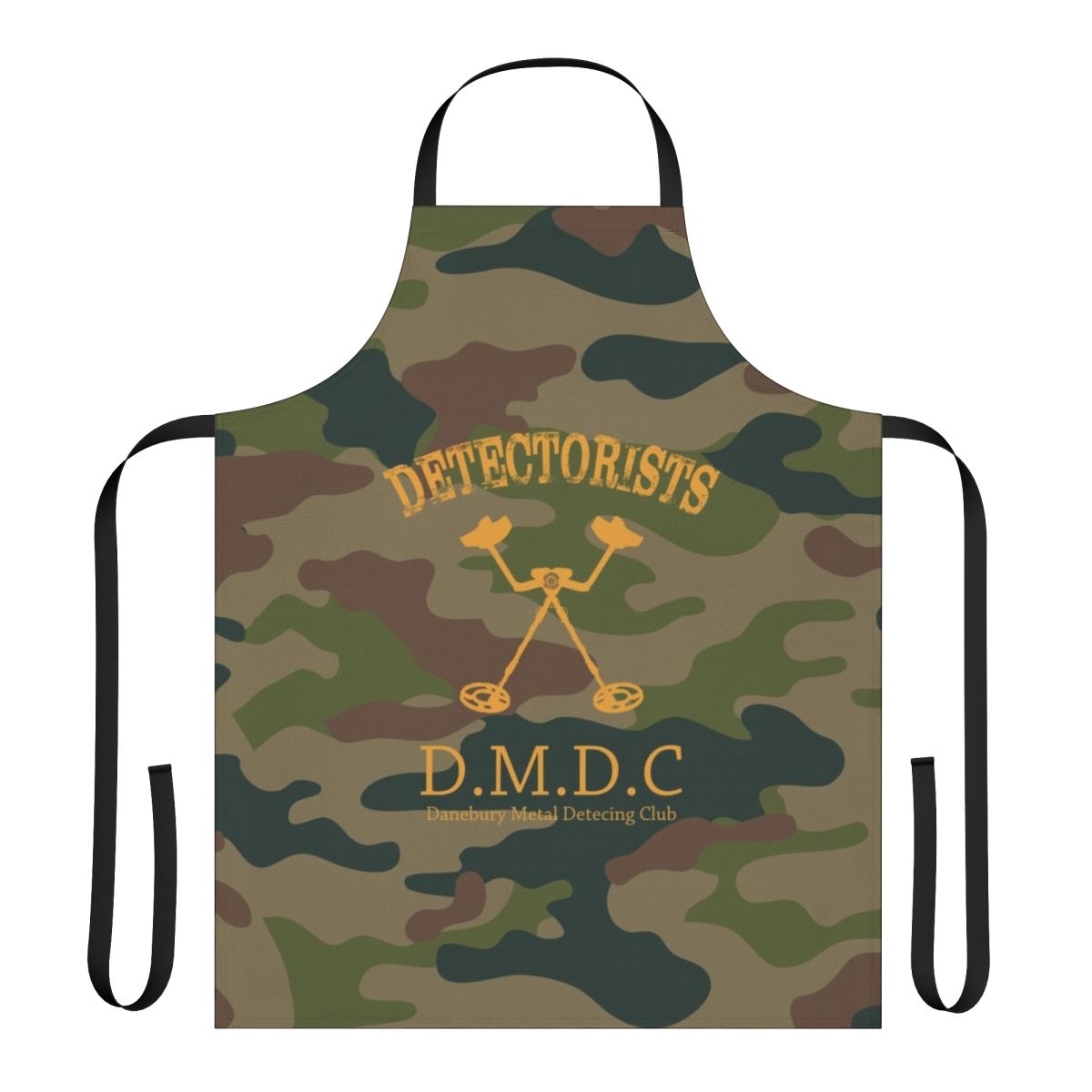 A camo-patterned apron with "Eye Voodoo" design, perfect for detectorists and metal detecting hobbyists.