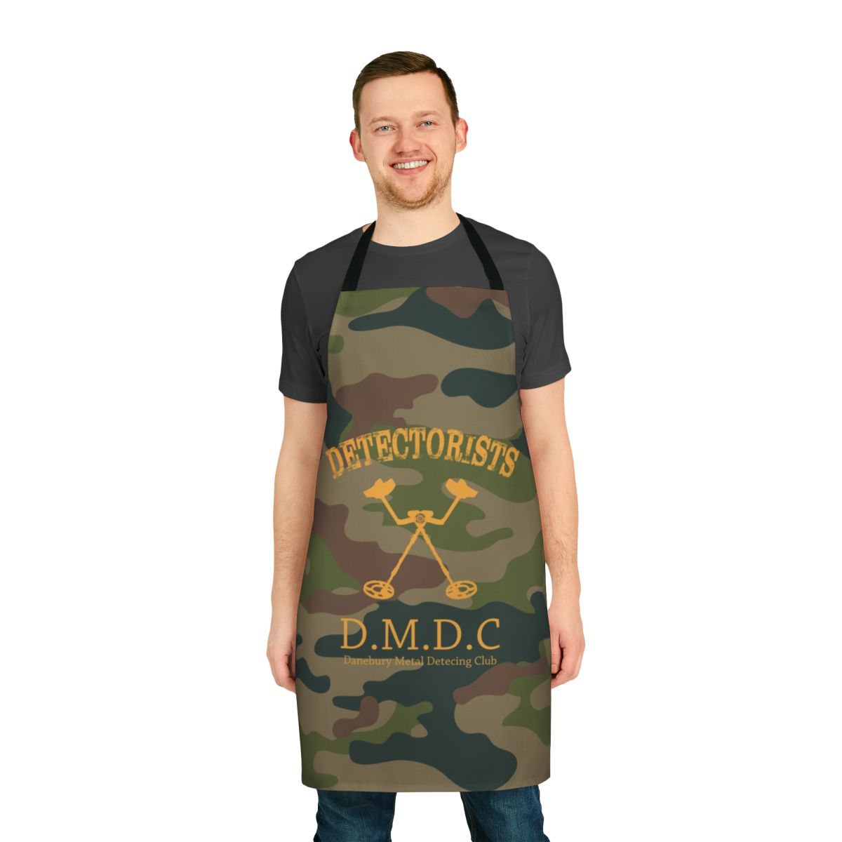 A camo-patterned apron with "Eye Voodoo" design, perfect for detectorists and metal detecting hobbyists.