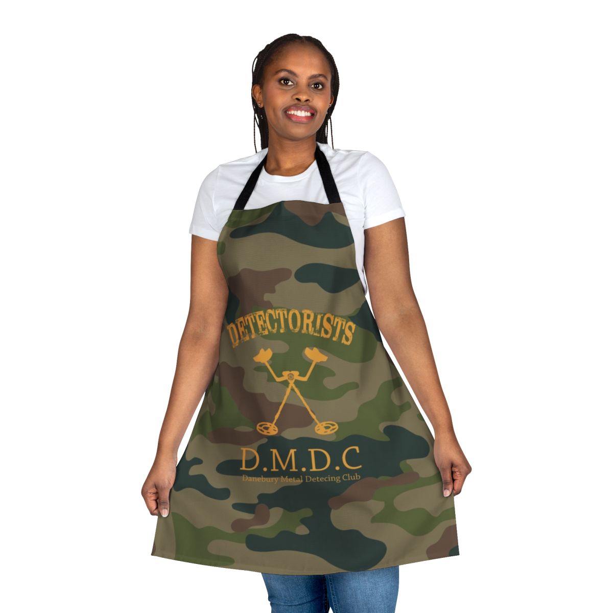 A camo-patterned apron with "Eye Voodoo" design, perfect for detectorists and metal detecting hobbyists.