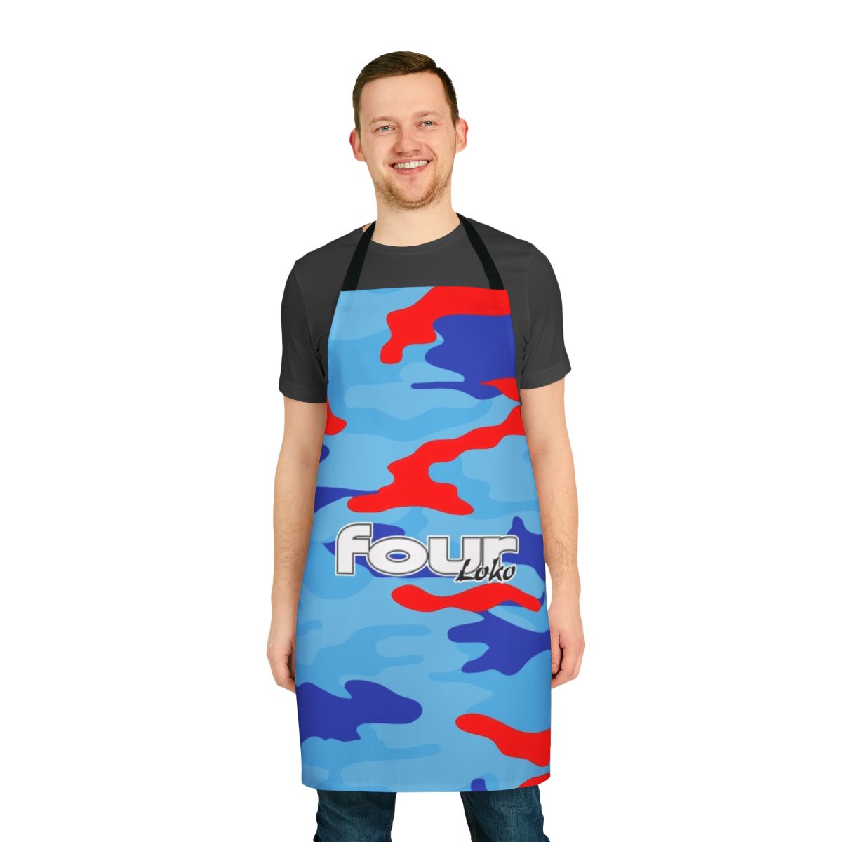 Camo-patterned apron for malt beverage enthusiasts