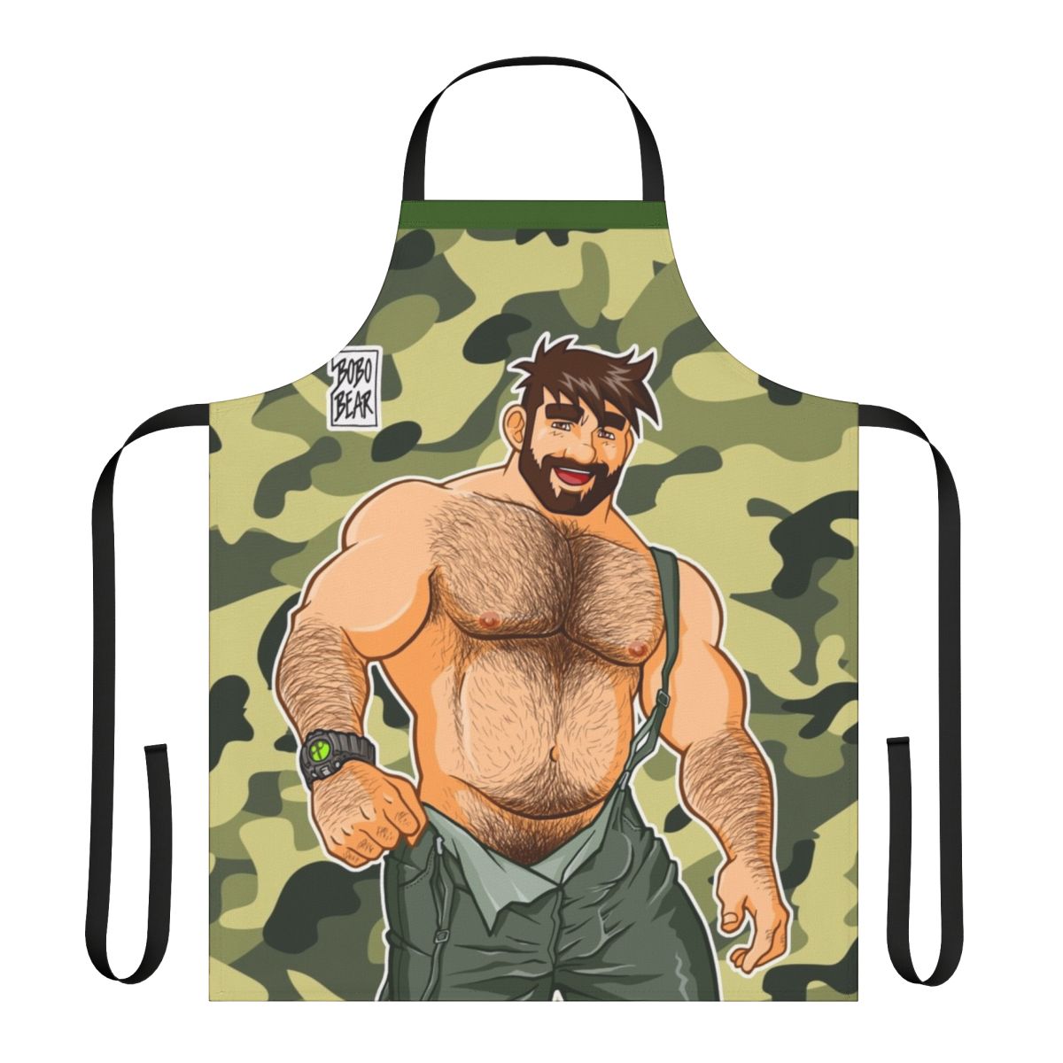 Camouflage-patterned apron with a bear pride design, perfect for the gay bear community.