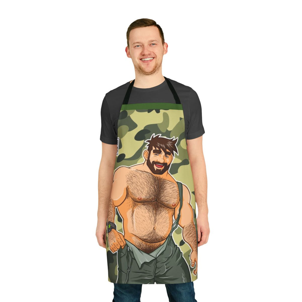 Camouflage-patterned apron with a bear pride design, perfect for the gay bear community.