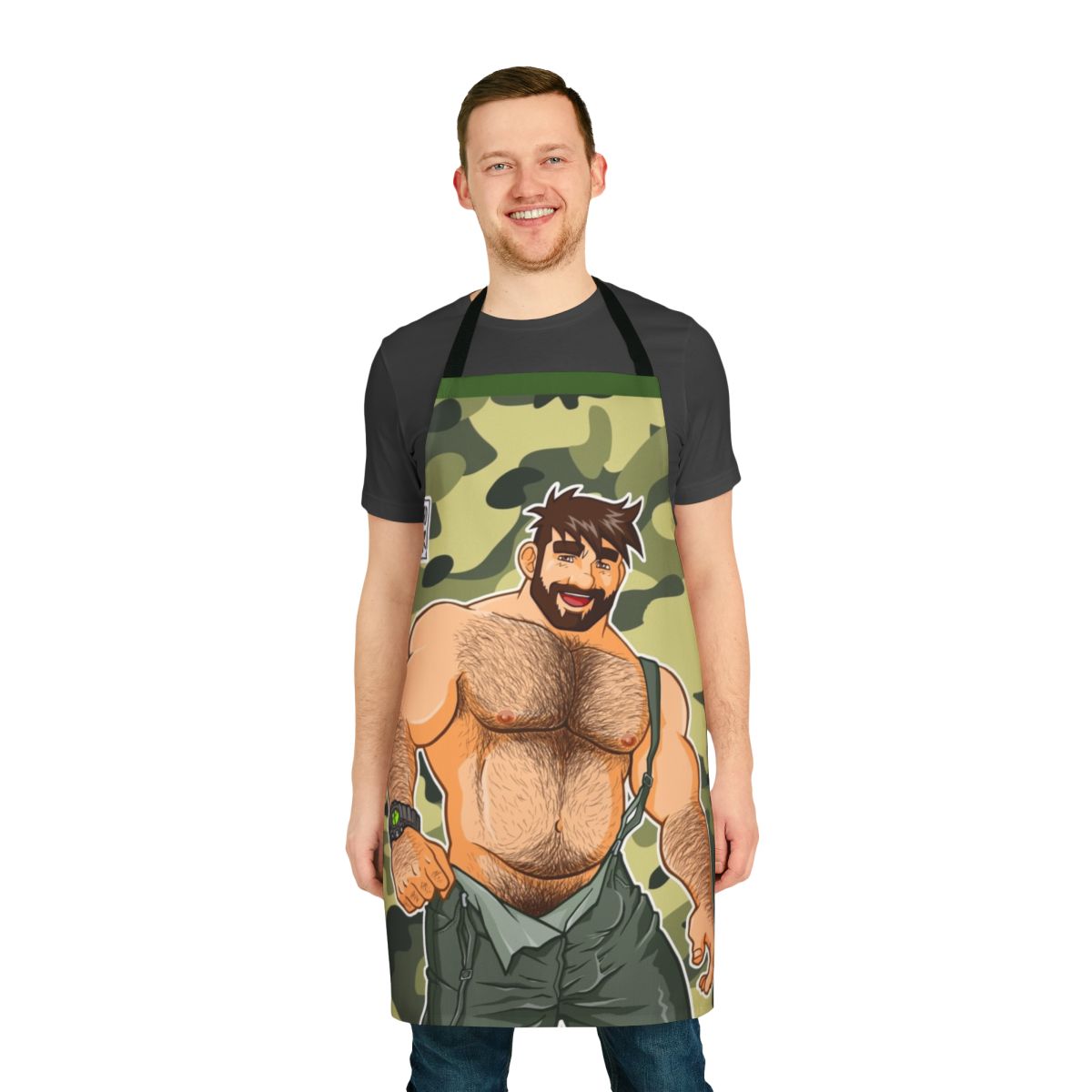 Camouflage-patterned apron with a bear pride design, perfect for the gay bear community.