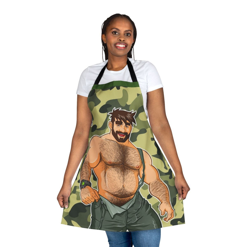 Camouflage-patterned apron with a bear pride design, perfect for the gay bear community.