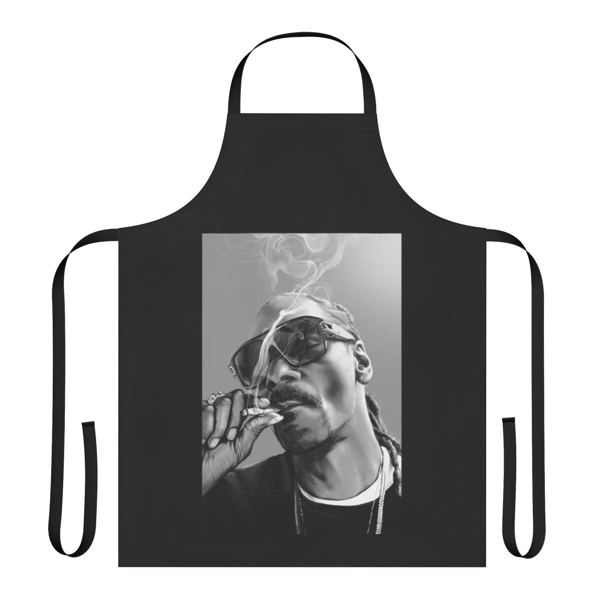 A high-quality apron featuring a cannabis-inspired illustration and music-themed design.