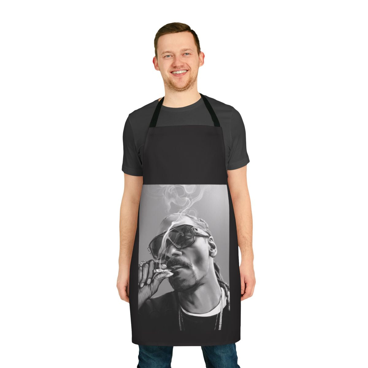 A high-quality apron featuring a cannabis-inspired illustration and music-themed design.