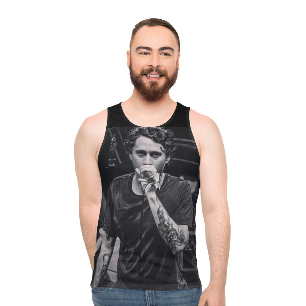 Canserbero unisex tank top with black and white portrait graphic