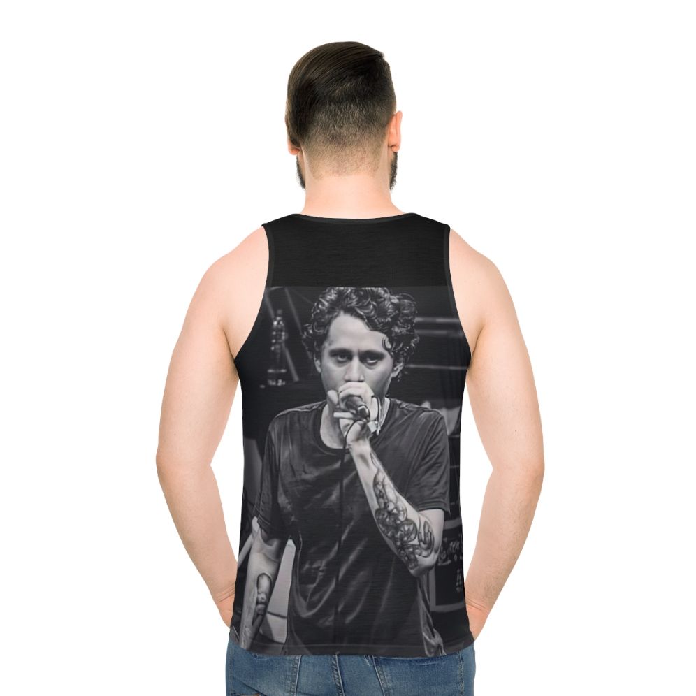 Canserbero unisex tank top with black and white portrait graphic