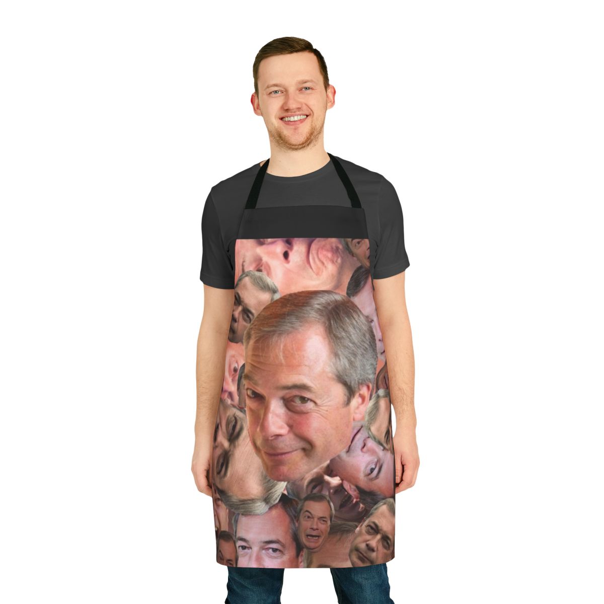 Apron with the slogan "Can't Barrage the Farage" featuring Nigel Farage's face